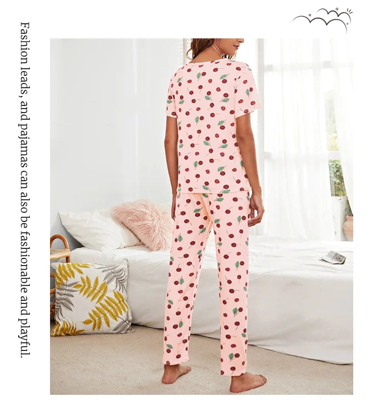 Women's Pajamas Set Spring Autumn New Short Sleeve Trousers Sleepwear Casual Flower Print Pajamas Woman Home Clothes Pyjama Suit