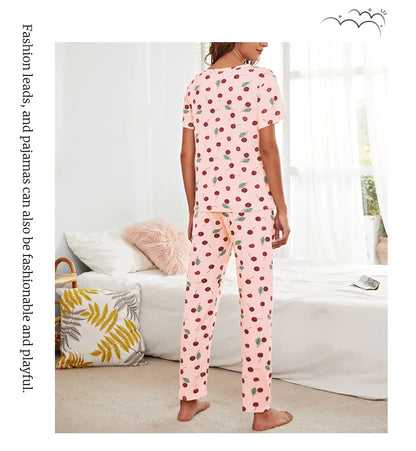 Women's Pajamas Set Spring Autumn New Short Sleeve Trousers Sleepwear Casual Flower Print Pajamas Woman Home Clothes Pyjama Suit