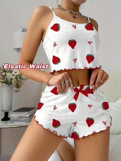 New Strawberry Print Sleepwear Set Women's Ribbed Pajamas with Hearts & Bow Soft Comfy Lounge Set with Shorts Cute Summer PjGift