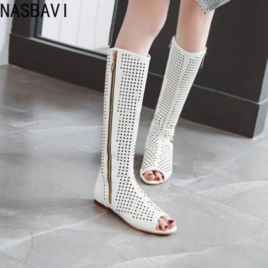 NASBAVI Fashion Women Flats Knee High Summer Boots Peep Toe Square Heels Fretwork Party Shoes Retro Rome Sexy Ladies Footwear