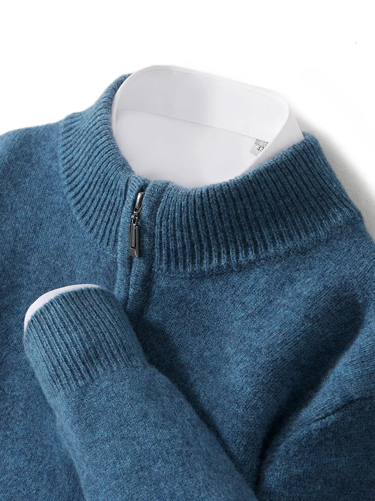 Men Mock Neck Zipper Sweaters 100% Merino Wool Pullover Casual Fashion Clothing Autumn Winter Thick Cashmere Knitwear Tops