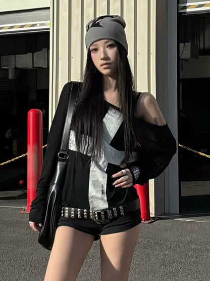 Seeslim Print Cross Graphic T Shirts Woman Long Sleeve Blck Goth Autumn Spring Tops Tees Female Clothing 2000s Clothes Y2k Chic
