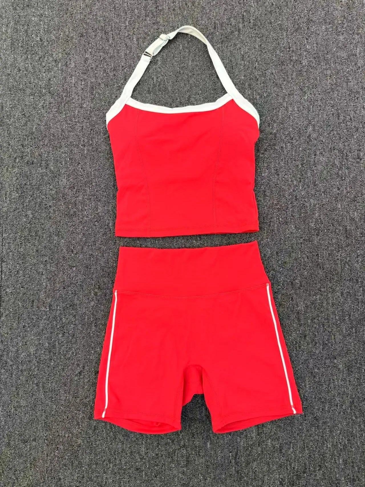 Fashion Patchwork Skinny Shorts Set Gym Women Workout Clothing Summer Sleeveless Backless Fitness Sport Suit Women Sportwear Red
