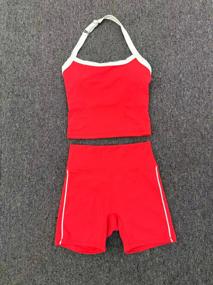 Fashion Patchwork Skinny Shorts Set Gym Women Workout Clothing Summer Sleeveless Backless Fitness Sport Suit Women Sportwear Red