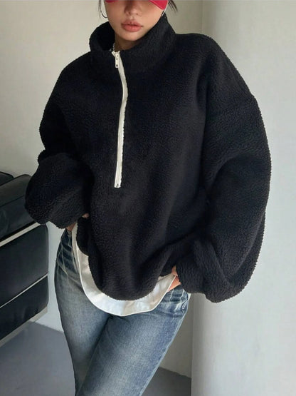 Autumn Winter Women Fleece Pullover High Neck 1/4 Zip Sweatshirts Retro Badge Green Loose Warm Teddy Outwear Harajuku Clothing