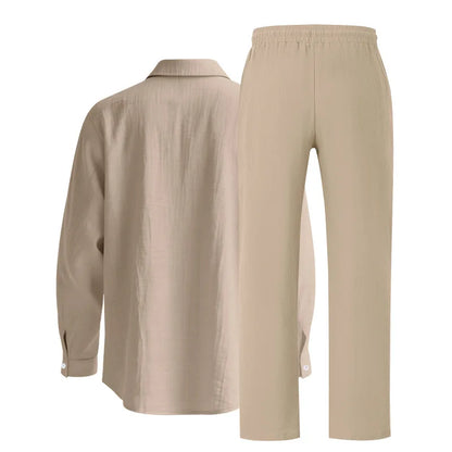 Men's Autumn Loose Trend Linen Solid Color Simple Lapel Long-Sleeved Shirt Beach Trousers Set
