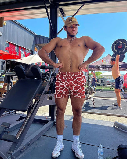 Summer Men's INAKA IP Leopard Print Mesh Shorts Elastic Waist Drawstring Breathable Quick Dry Gym Workout Fitness Casual Pants