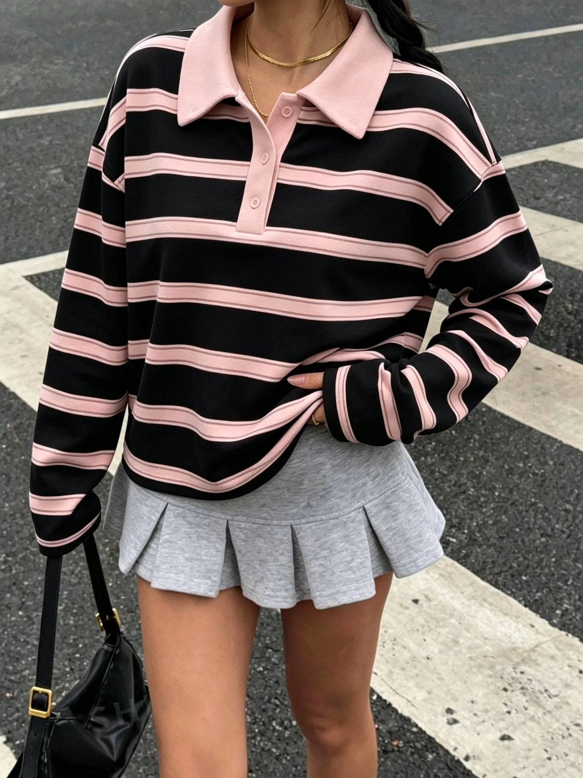 Women's Autumn Casual Lapel Button Color Block Geometric Pattern Long Sleeve Hoodie Top for Daily Travel