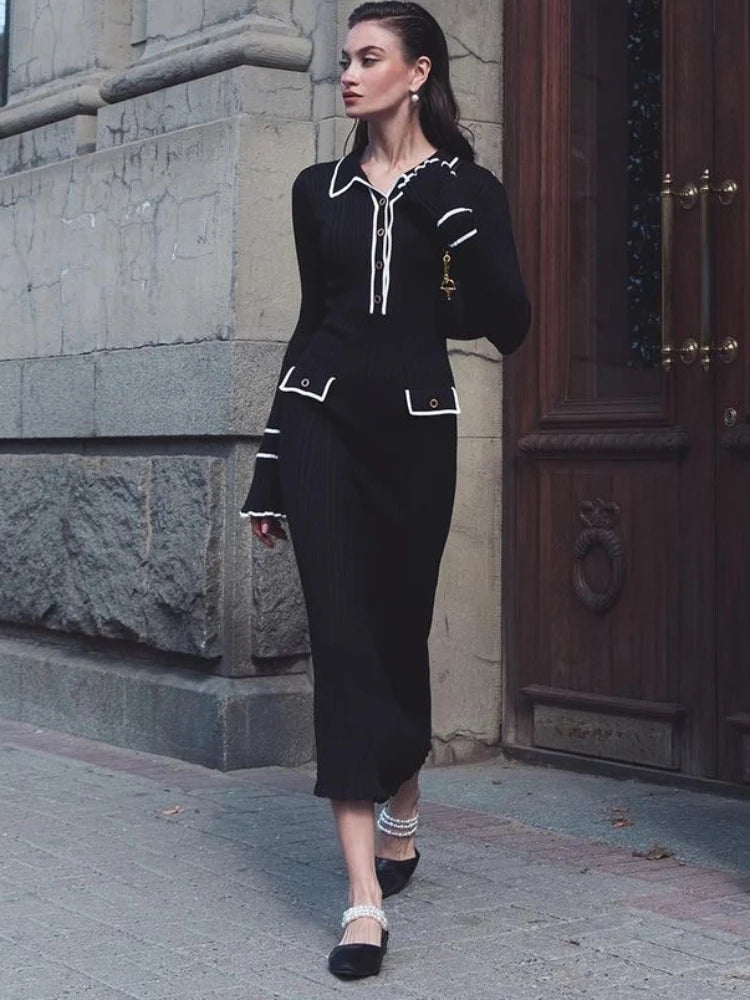 High Waist Ruffled Maxi Dress - Womens Vintage Knitted Long Dress for Autumn Winter