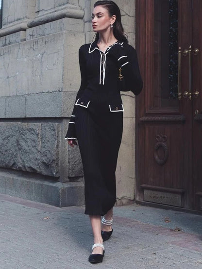 High Waist Ruffled Maxi Dress - Womens Vintage Knitted Long Dress for Autumn Winter