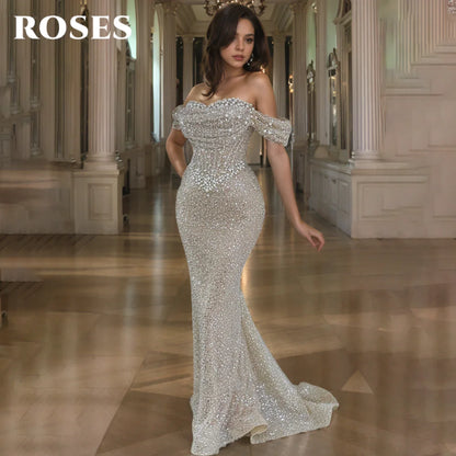 Prom Dress Off Shoulder - Custom Mermaid Trumpet Gown With Pearls & Sequins