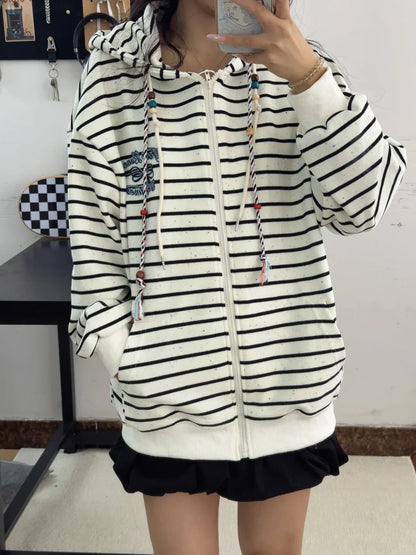 Y2K Vintage Zipper Hoodie Women Long Sleeve Subculture Purple Stripe Priint Harajuku Style Autumn Spting Casual Tops Streetwear