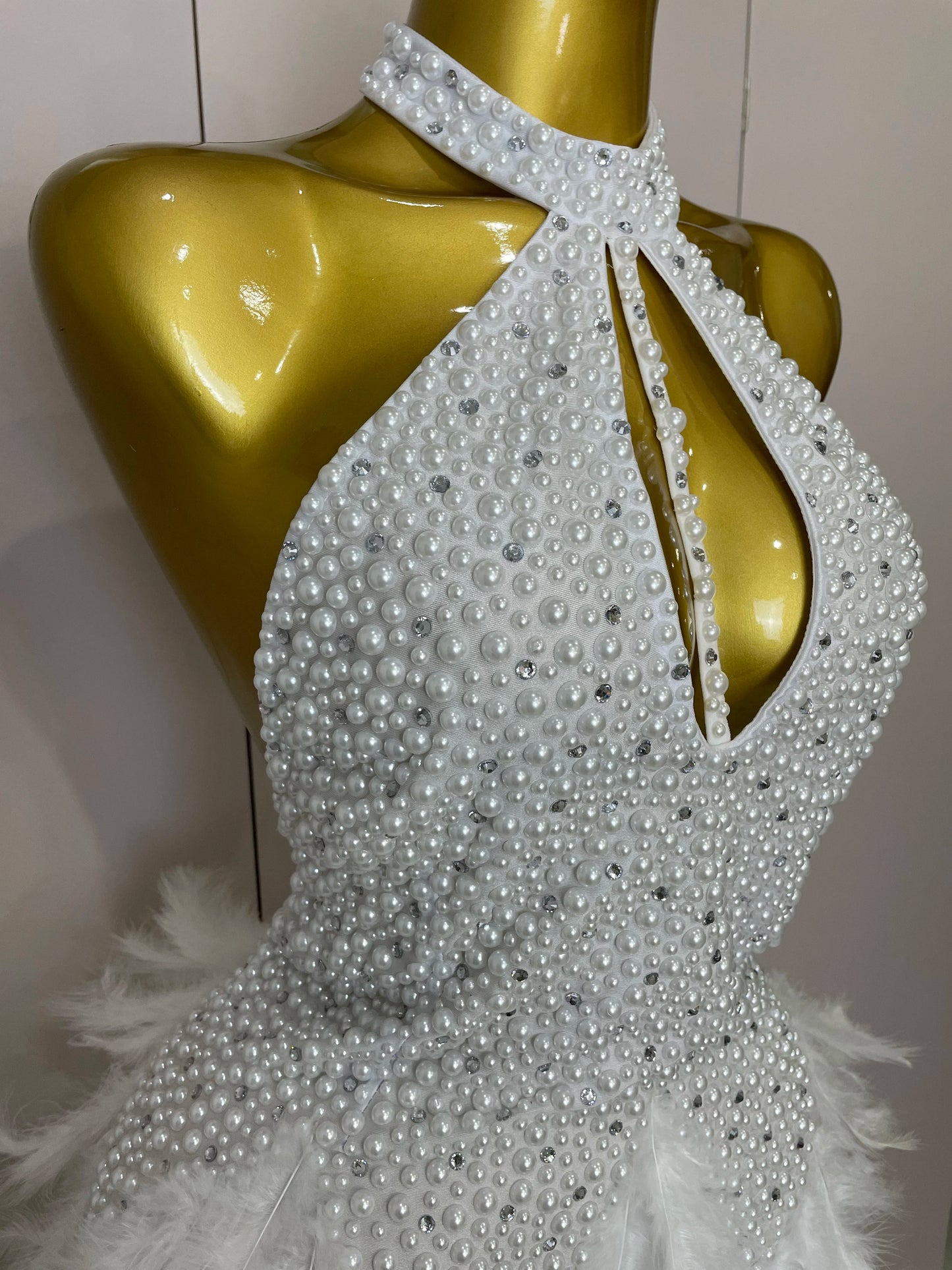 Backless Halter Dress - Women's Party Mini Sheath With Rhinestone & Feather Details
