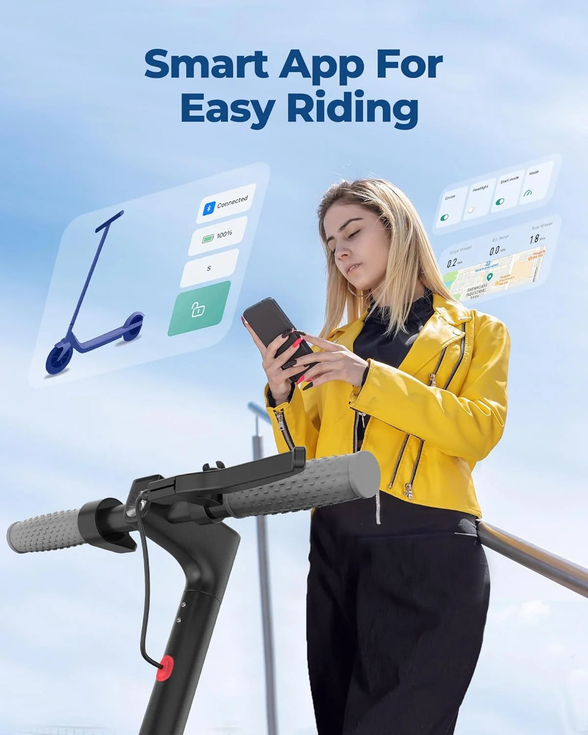 AOVOPRO AP07 Electric Scooter 10.5Ah 19mph APP Smart Control Scooter 8.5inch 23miles Max Range Double shock absorption for Adult