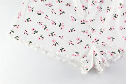 Y2K Cute Ditsy Floral Pajama Set Womens Ribbed Knit Cami Crop Top and Ruffle Shorts Two Piece Loungewear Lace Trim Sleepwear New