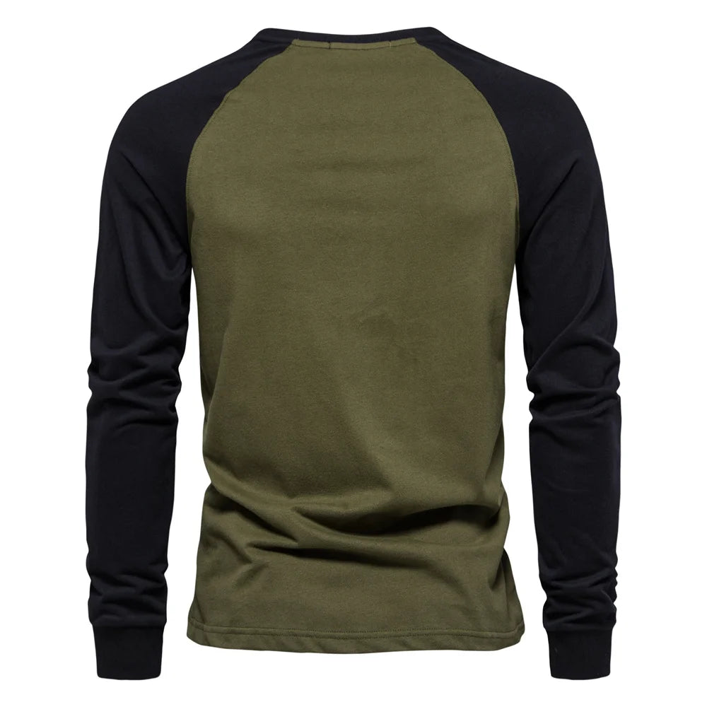 Men's Cotton T-Shirts - Long Sleeve Patchwork O-Neck Casual Designer Tees