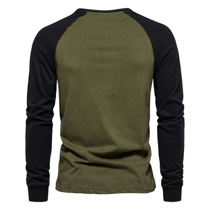 Men's Cotton T-Shirts - Long Sleeve Patchwork O-Neck Casual Designer Tees