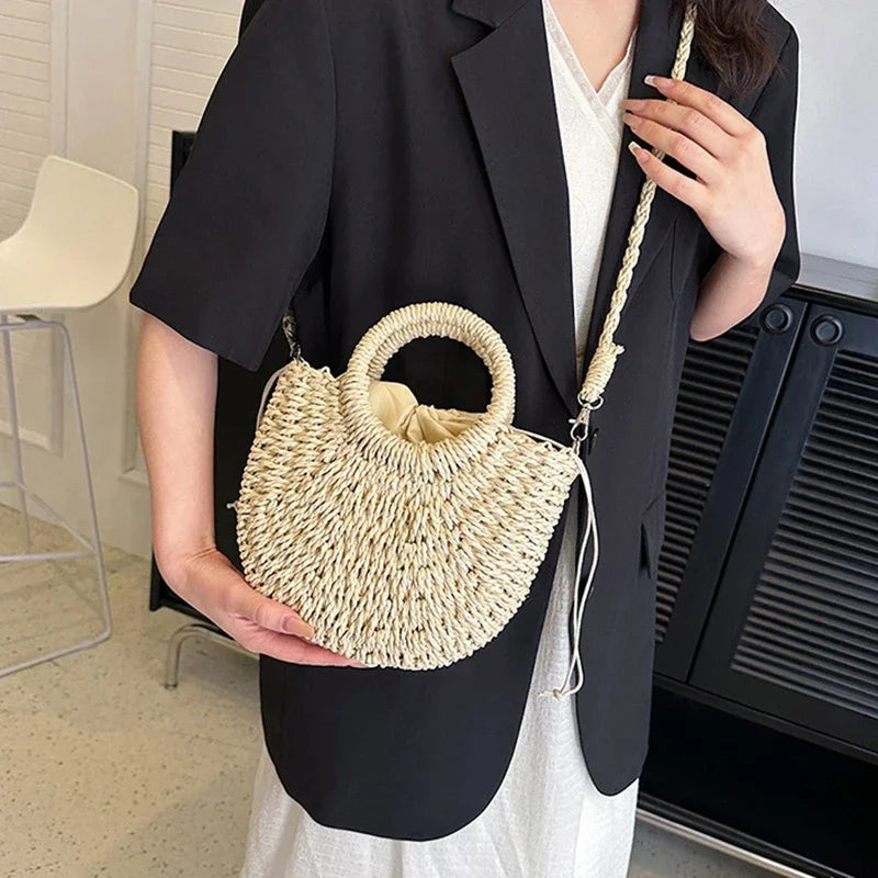 Straw Rattan Handbag – Large Capacity Half Moon Purse | Hollow Out Shoulder Bag