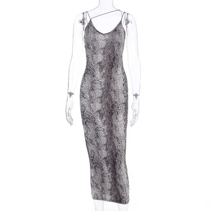 Leopard Sleeveless Dress - Slim Fit High Waist Spaghetti Strap Summer Party Gown