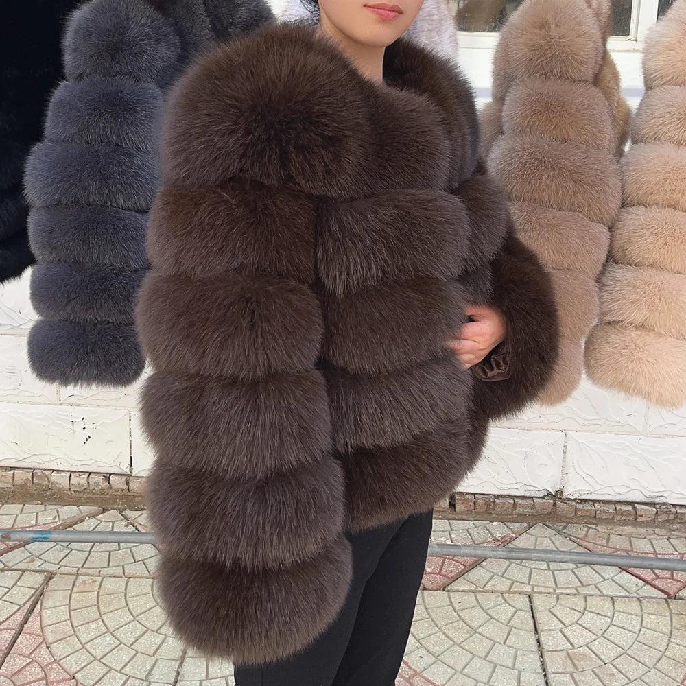 Fox Fur Coat - Slim Fit Women Winter Coat | Brown Real Fur Jacket With Hook Closure