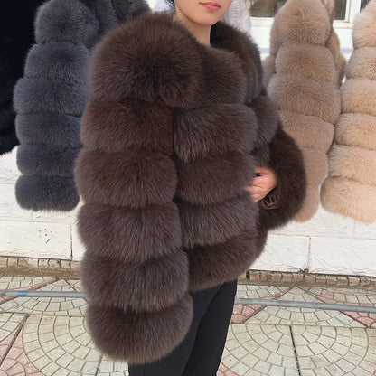 Fox Fur Coat - Slim Fit Women Winter Coat | Brown Real Fur Jacket With Hook Closure