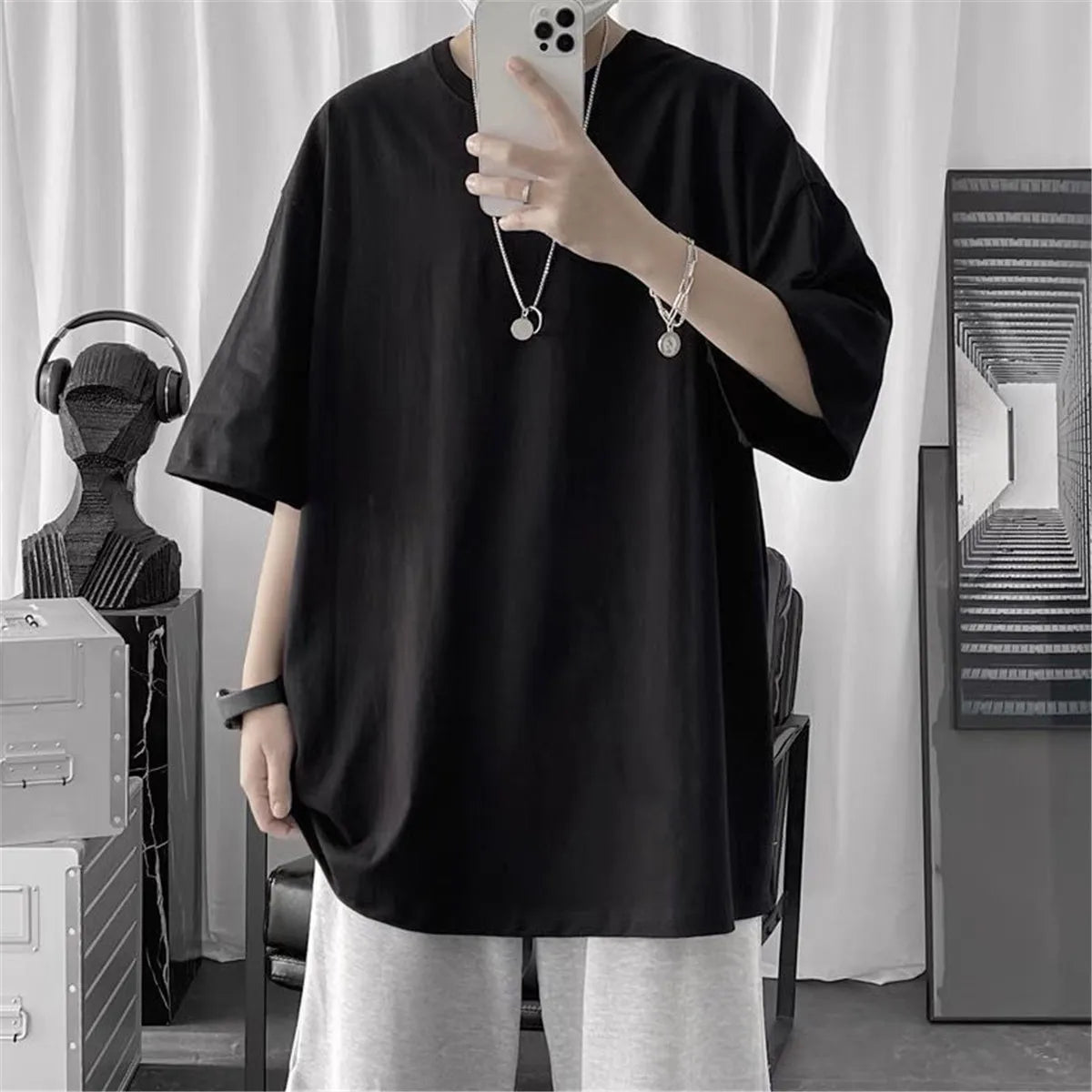 Cotton Summer Fashion Men's T Shirt Casual Solid Short Sleeve Classical Tee Mens 100% Cotton Korean Hip-Hop Top Tees Black White