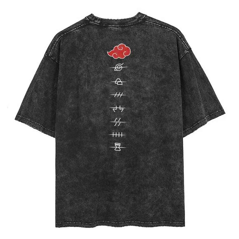 Men Streetwear Tshirt Japanese Naruto Anime Graphic T-Shirt Cotton Harajuku Washed T Shirt Summer Hip Hop Tops Tees Black