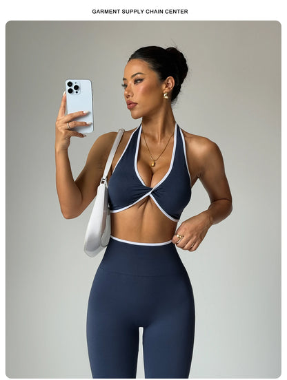 ZHEJIN 2 Piece Yoga Set Women Contrast Trim Halter Sports Bra High Waist Seamless Leggings Gym Workout Set Fitness Activewear Su