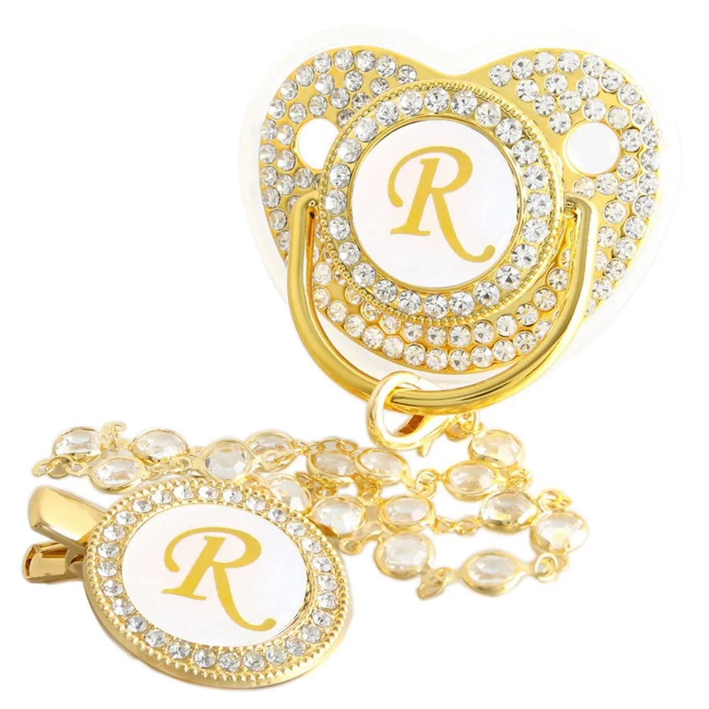 Golden Baby Pacifier With Diamond Chain Clip – Silicone, Rhinestone, Latex Free