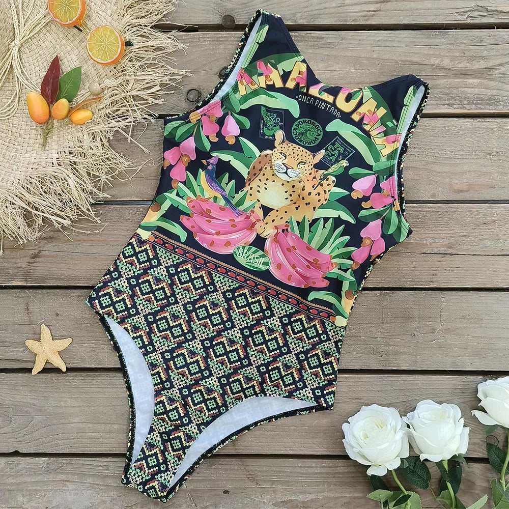 2026 New Printed One-piece Swimsuit Classic Printed Lace Up Swimsuit Women's Push Up Flower One-piece Suit Beach Wear For Female