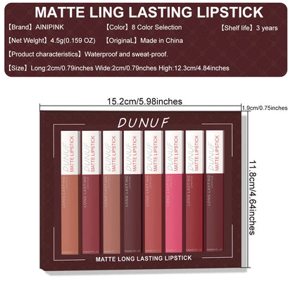Matte Lip Gloss 8pc/set-Waterproof Long Lasting Non-Stick Cup Liquid Lipstick Kit Nude Bold Shades Moisturizing Lip Tint Makeup