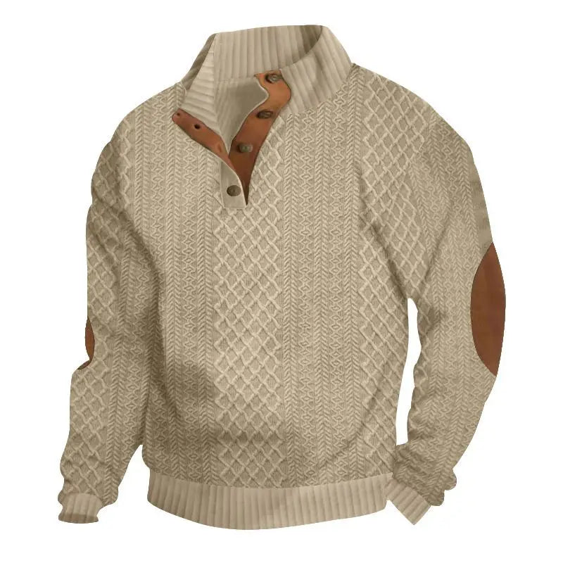 Men's Waffle Knit Quarter Zip Pullover with Contrast Trim and Elbow Patches Casual Long Sleeve Sweater