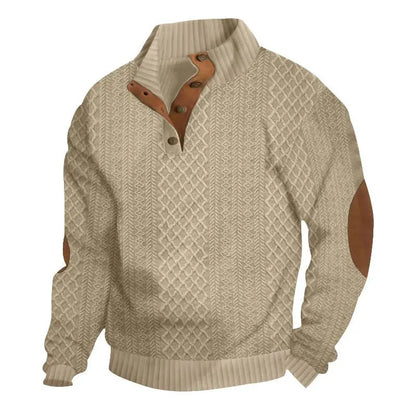 Men's Waffle Knit Quarter Zip Pullover with Contrast Trim and Elbow Patches Casual Long Sleeve Sweater