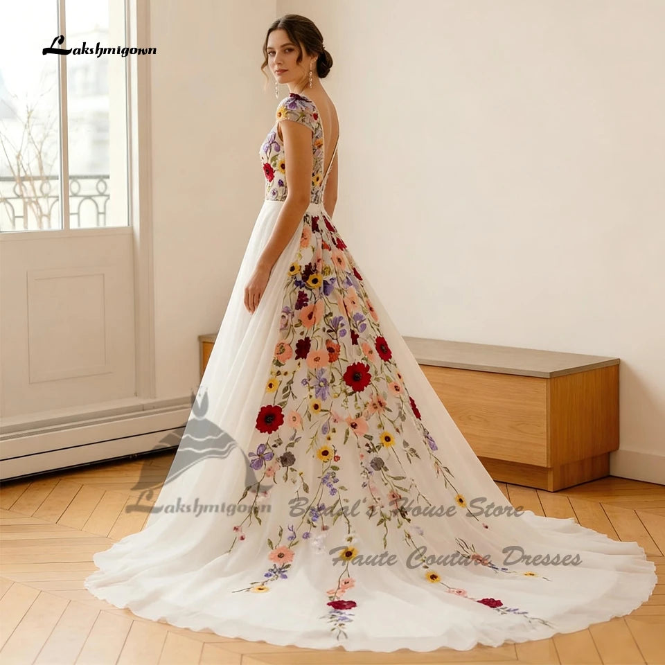 Lakshmigown Sexy Bohemian Bridal Gown A Line Chiffon Wedding Dress Floral Embroidery Lace Beach Bride Dresses 2026 New Arrival