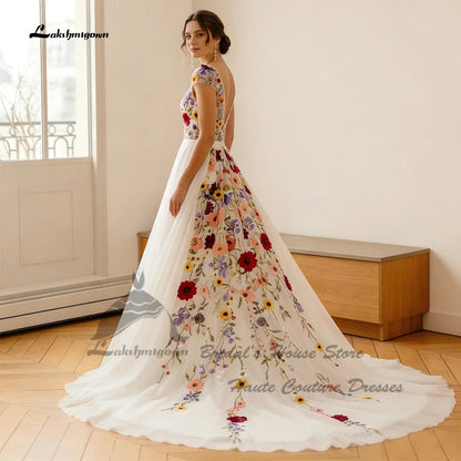 Lakshmigown Sexy Bohemian Bridal Gown A Line Chiffon Wedding Dress Floral Embroidery Lace Beach Bride Dresses 2026 New Arrival