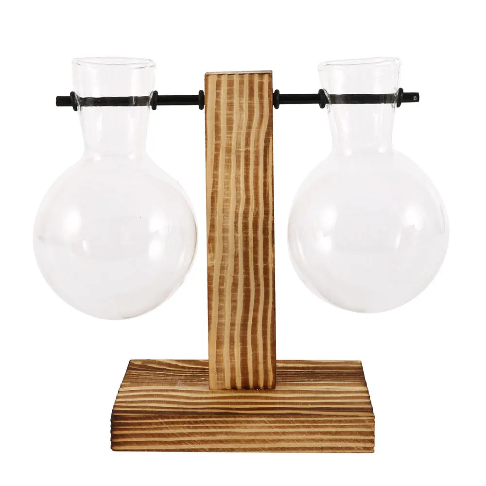 Glass Desktop Planter with Wooden Stand - Hydroponic Bulb Vase for Home Decor