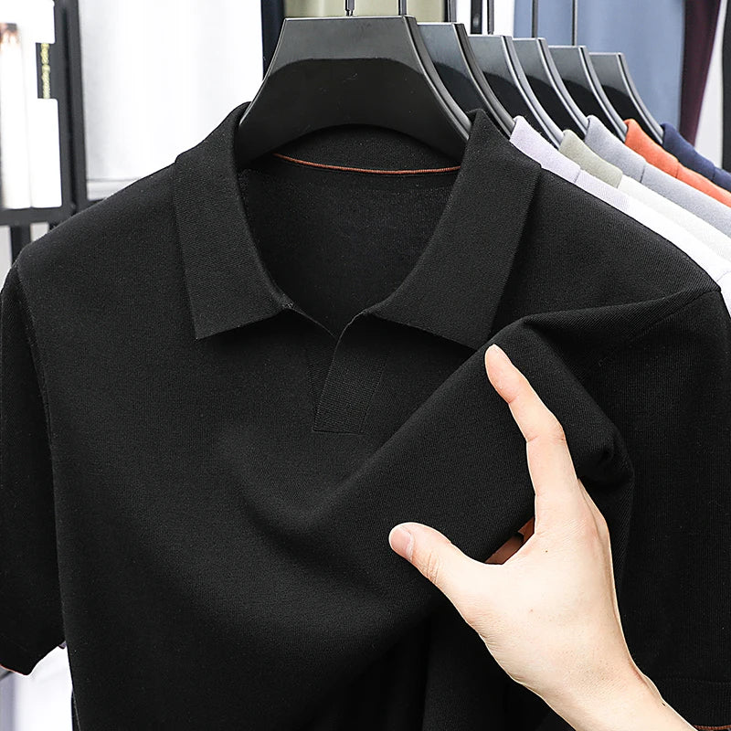 100%  Lyocell Knitwear 2025 Men Spring Summer Trendy Turn Down Collar Knit Tees Short Sleeve Breathable Knit Tops
