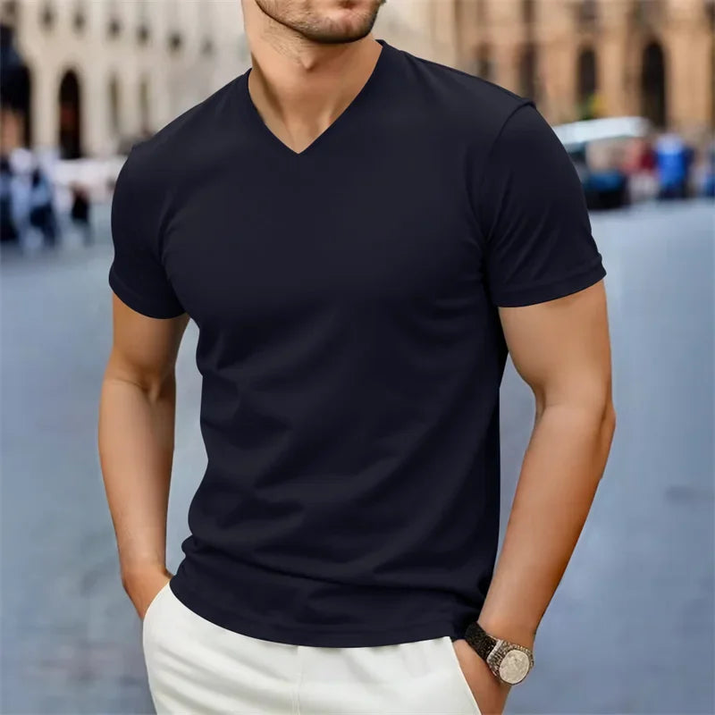 Men's V-Neck T-Shirt - Casual Summer Breathable Short Sleeve Tee, Lightweight Top