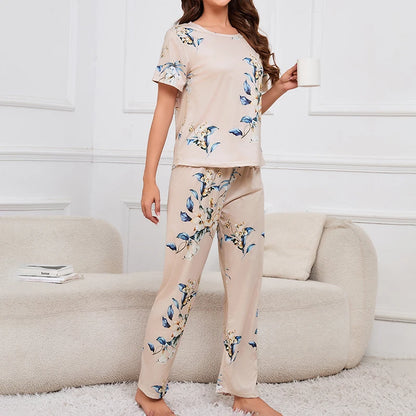 Women's Short Sleeve Crew Neck Top With Shorts And Pants 3 Piece Loungewear Sleepwear Lounge Sets Nighty Print Casual Pajama Set
