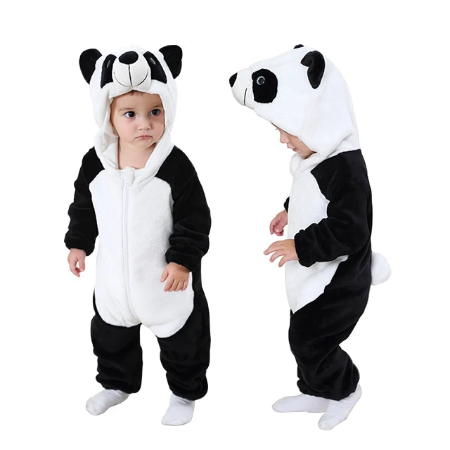 Baby Winter Rompers - Soft Polyester Hooded Jumpsuit With Animal Pattern, Machine Washable