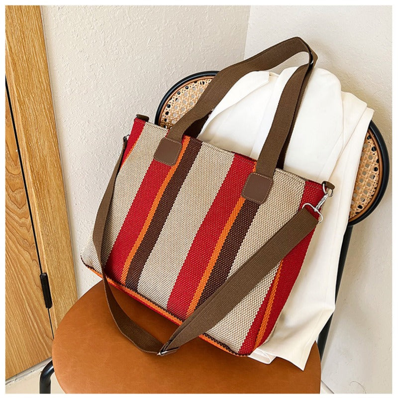 Striped Canvas Tote - Women's Crossbody Shoulder Bag With Zipper Closure, Versatile Daily Use