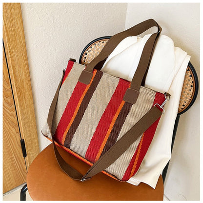 Striped Canvas Tote - Women's Crossbody Shoulder Bag With Zipper Closure, Versatile Daily Use