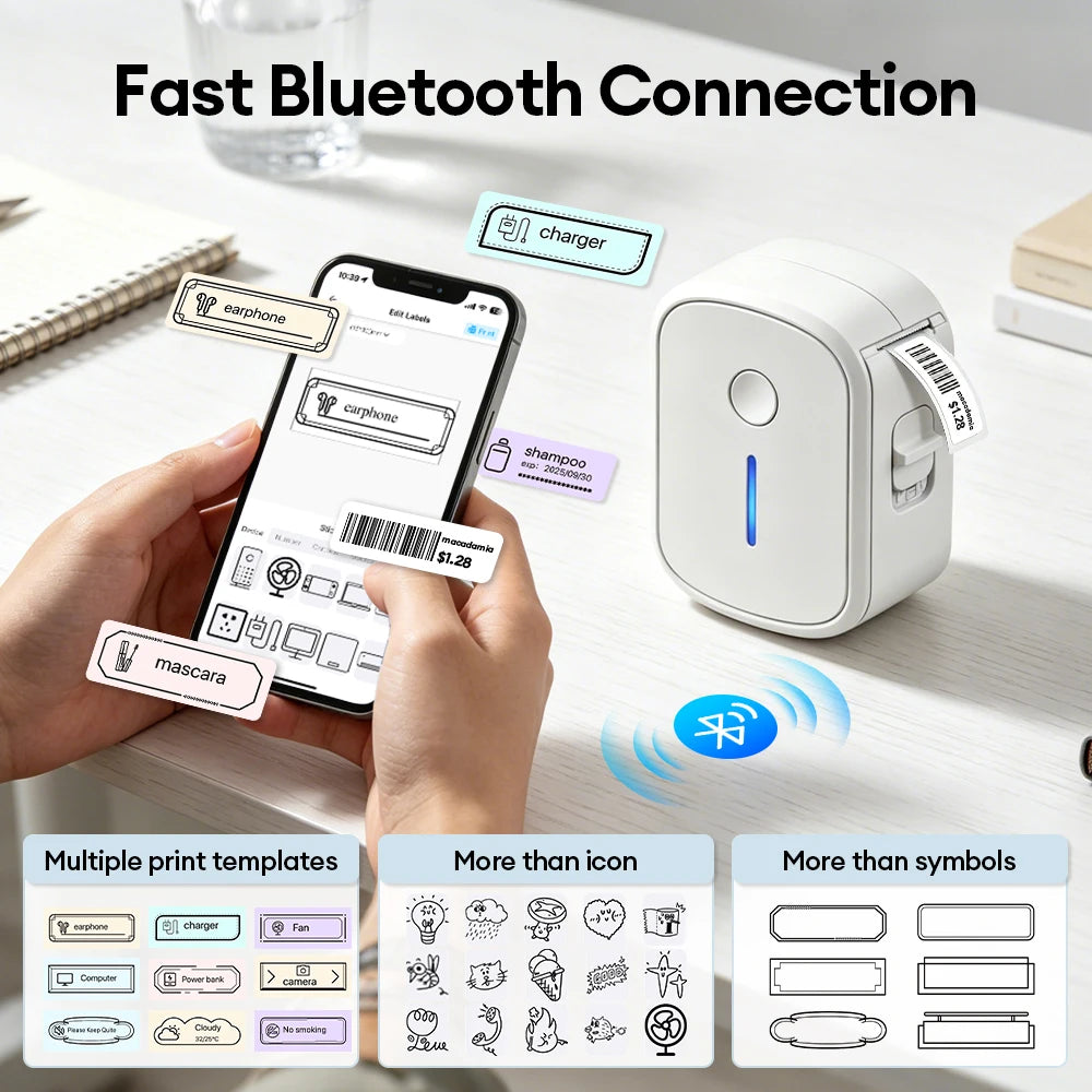 Portable Mini Label Printer Bluetooth Inkless Self-adhesive Thermal Labels Printer Sticker Maker Adhesive Mini Labeling Machine