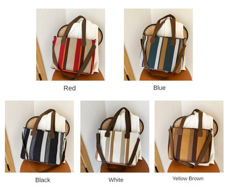 Striped Canvas Tote - Women's Crossbody Shoulder Bag With Zipper Closure, Versatile Daily Use