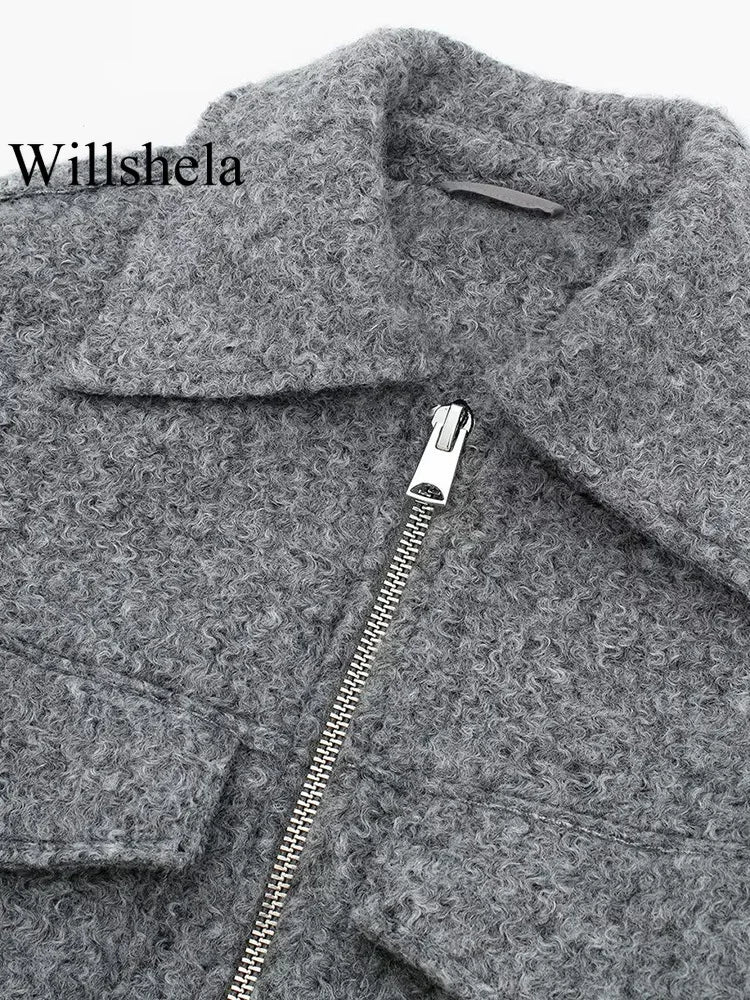 Women Zipper Jacket - Grey Vintage Lapel With Pockets | Casual Long Sleeve Outerwear