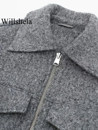 Women Zipper Jacket - Grey Vintage Lapel With Pockets | Casual Long Sleeve Outerwear