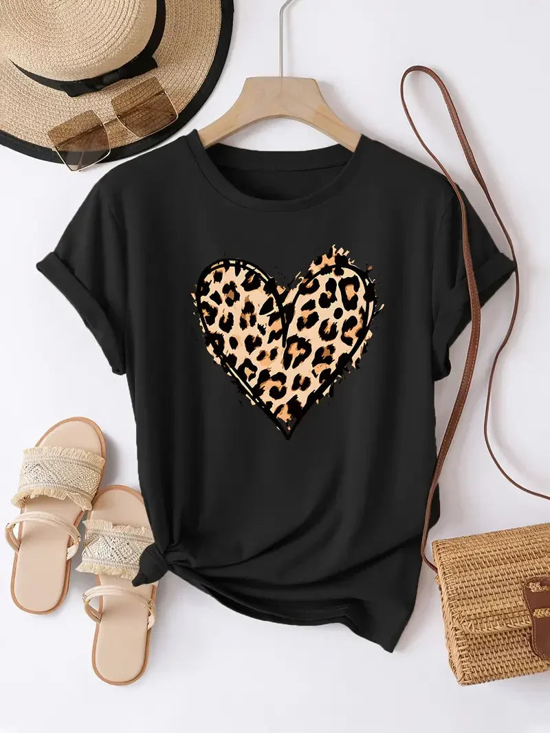 Summer Top Tee Leopard Print Heart Graphic  Lover T-Shirt Graphic T Shirts Women's Clothing Fashion Tshirt