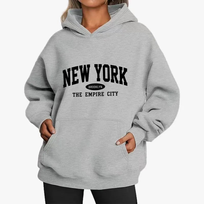 Women NEW YORK Brooklyn Letter Print Hoodie Oversized Loose Hooded Sweatshirt The Empire City Casual Streetwear Men Pullover Top