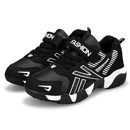 Boys Leather Sneakers - Kids Running Shoes With Rubber Outsole & Hook And Loop Closure