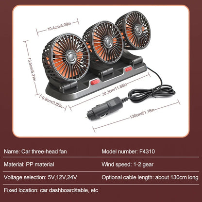12V Automotive Fan Car Fan 24V 360° Adjustable 3-Head Air Fan Low Noise Multifunctional Temporary Parking Fan for Auto Vehicles